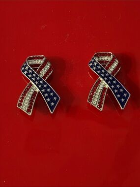 Patriotic Rhinestone Ribbon Brooches- Red, White & Blue Set of 2